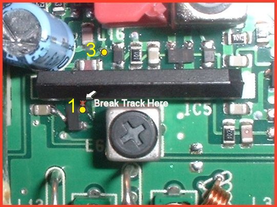 Shows where to cut the track on PCB and where to connect the 1 & 3 on the switch.